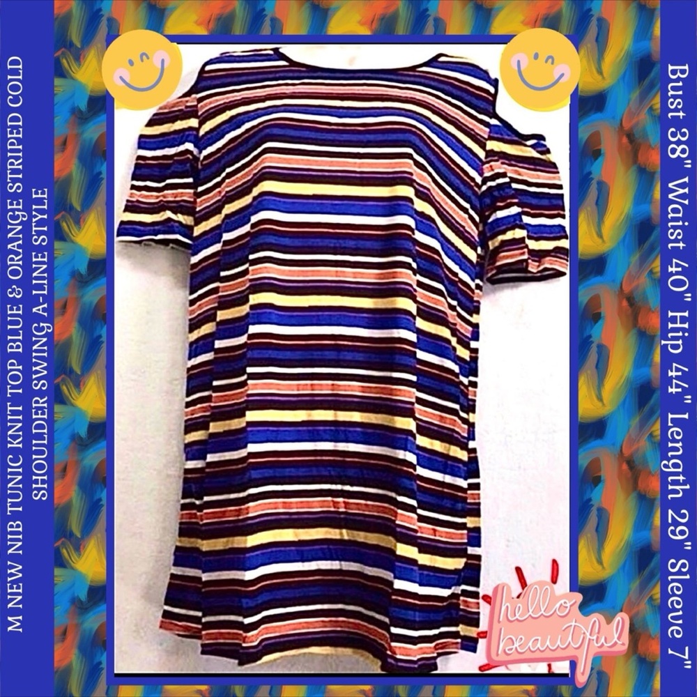 M NEW NIB TUNIC KNIT TOP BLUE & ORANGE STRIPED COLD SHOULDER SWING A LINE STYLE